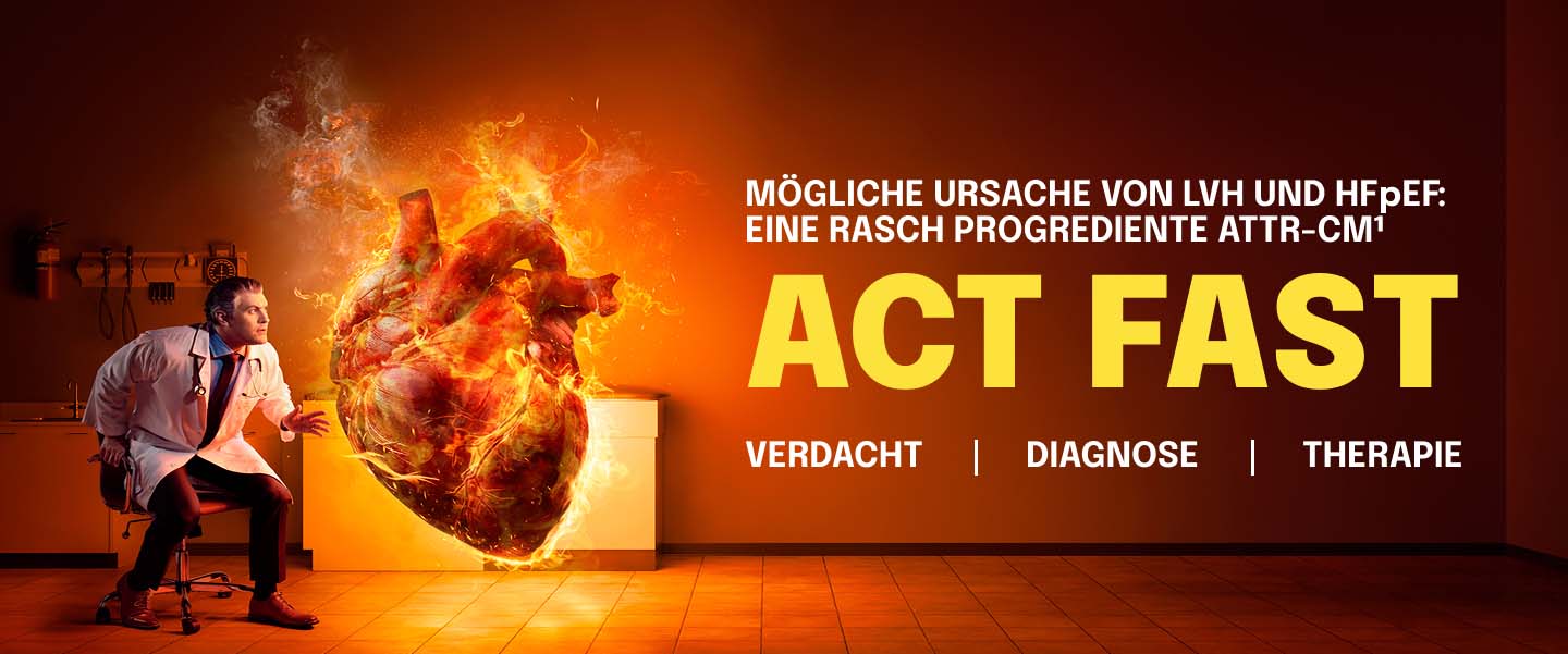 Arzt vor einem großen feurigen Herzen, das dringende ATTR-CM-Awareness symbolisiert